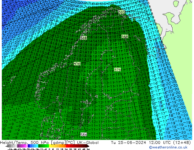 Height/Temp. 500 hPa UK-Global Tu 25.06.2024 12 UTC