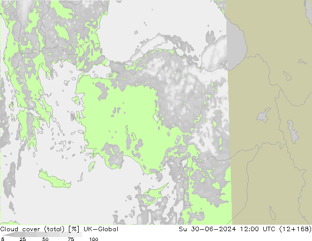 Nubes (total) UK-Global dom 30.06.2024 12 UTC