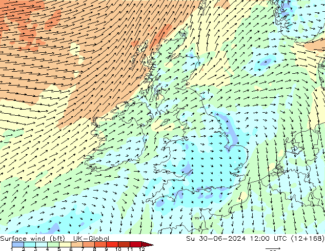 Viento 10 m (bft) UK-Global dom 30.06.2024 12 UTC