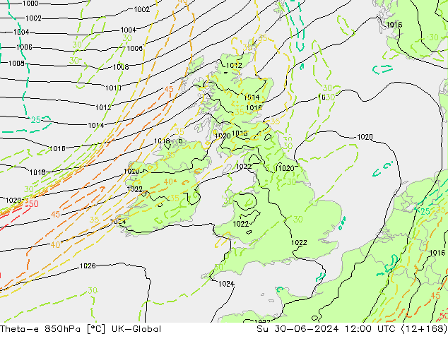 Theta-e 850hPa UK-Global Su 30.06.2024 12 UTC