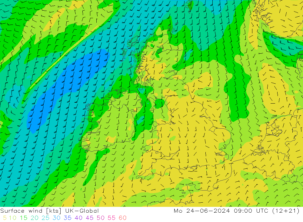 Vento 10 m UK-Global lun 24.06.2024 09 UTC