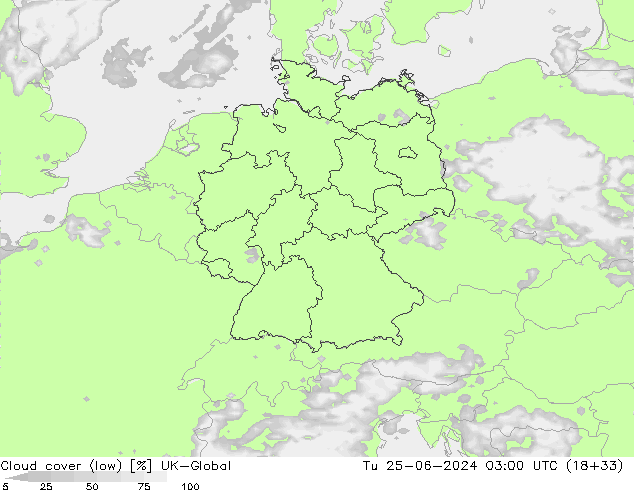 Cloud cover (low) UK-Global Tu 25.06.2024 03 UTC