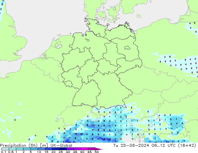 Precipitazione (6h) UK-Global mar 25.06.2024 12 UTC