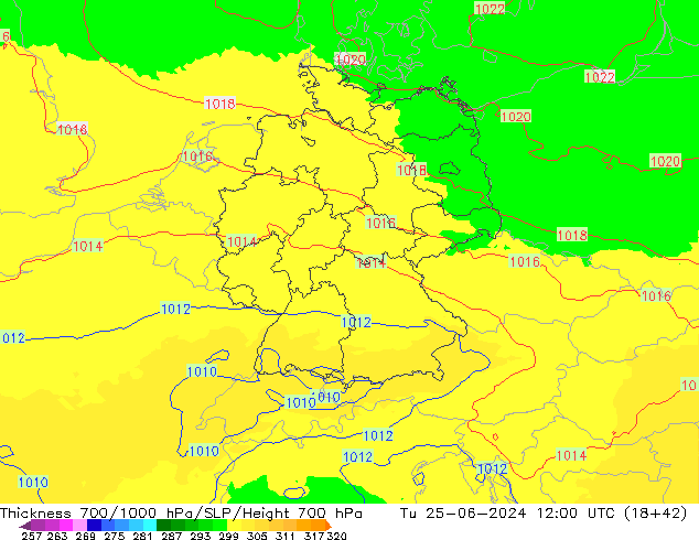 Dikte700-1000 hPa UK-Global di 25.06.2024 12 UTC