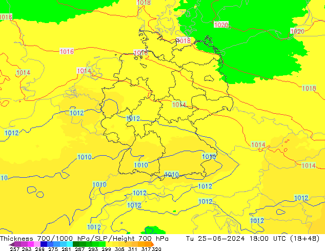 Thck 700-1000 hPa UK-Global Út 25.06.2024 18 UTC