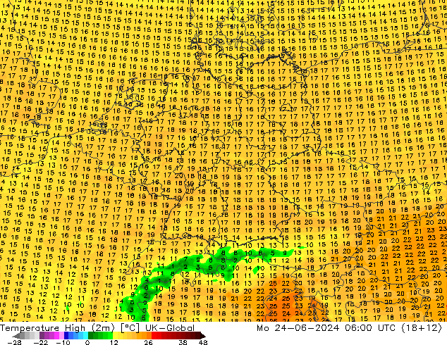 Temperature High (2m) UK-Global 星期一 24.06.2024 06 UTC