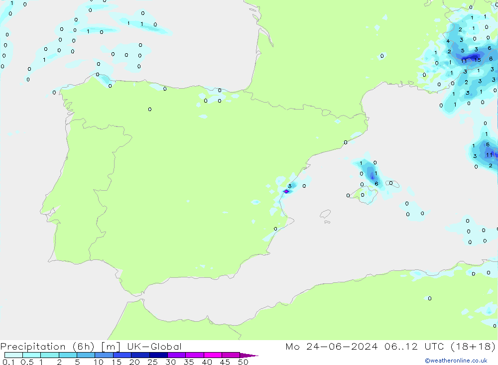 Precipitation (6h) UK-Global Mo 24.06.2024 12 UTC