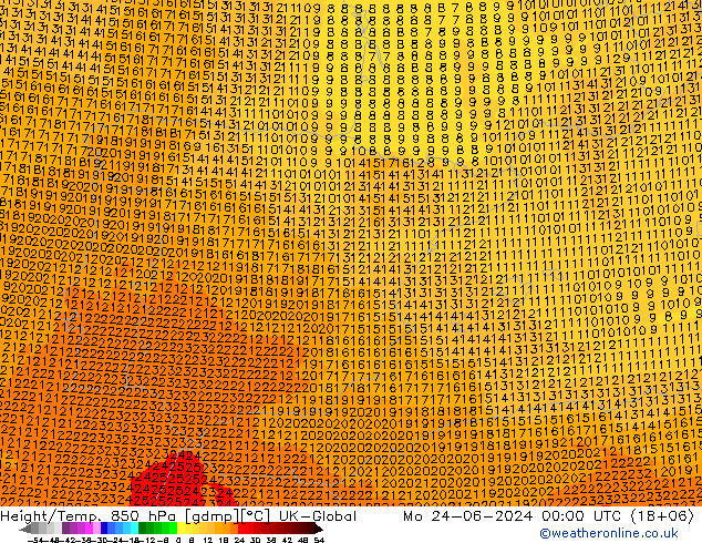 Height/Temp. 850 hPa UK-Global Mo 24.06.2024 00 UTC