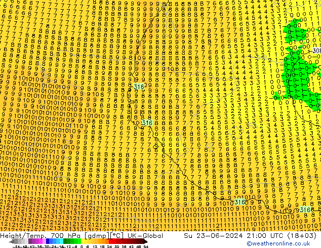 Hoogte/Temp. 700 hPa UK-Global zo 23.06.2024 21 UTC