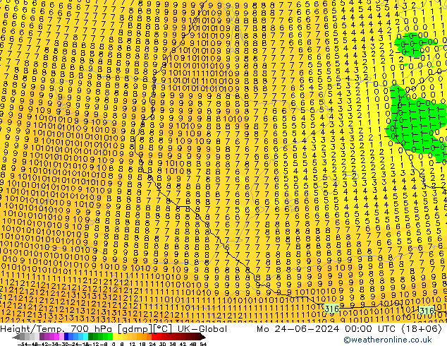 Height/Temp. 700 hPa UK-Global Mo 24.06.2024 00 UTC