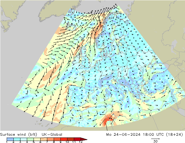 Surface wind (bft) UK-Global Po 24.06.2024 18 UTC