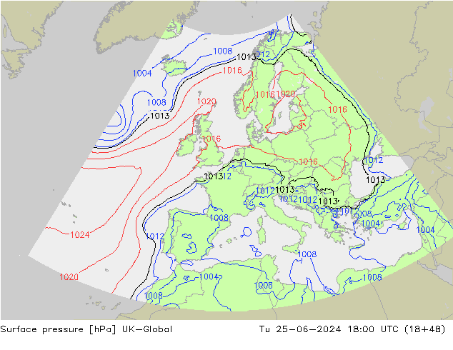 Surface pressure UK-Global Tu 25.06.2024 18 UTC
