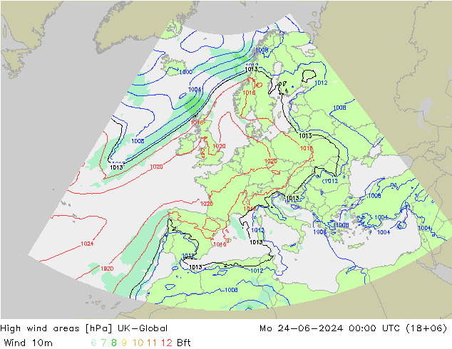 High wind areas UK-Global 星期一 24.06.2024 00 UTC