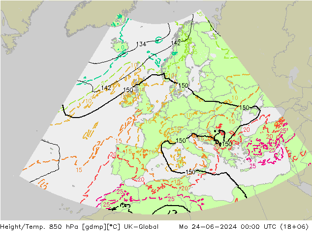 Height/Temp. 850 hPa UK-Global Mo 24.06.2024 00 UTC