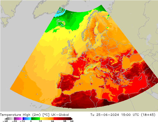 Max.temperatuur (2m) UK-Global di 25.06.2024 15 UTC