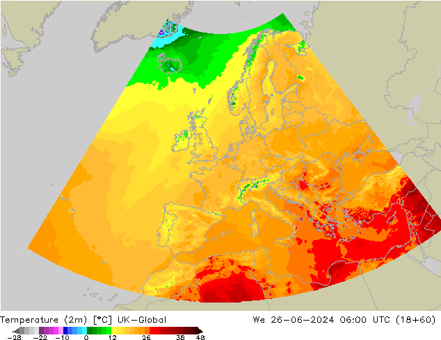 Temperature (2m) UK-Global We 26.06.2024 06 UTC