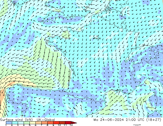 Surface wind (bft) UK-Global Mo 24.06.2024 21 UTC