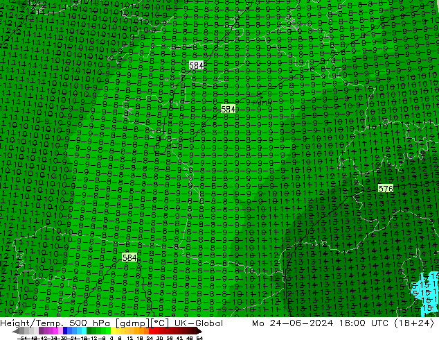 Height/Temp. 500 hPa UK-Global Mo 24.06.2024 18 UTC