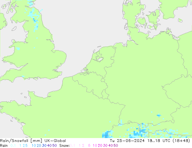 Rain/Snowfall UK-Global 星期二 25.06.2024 18 UTC