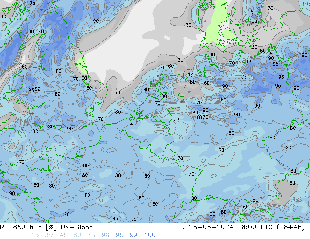 Humedad rel. 850hPa UK-Global mar 25.06.2024 18 UTC