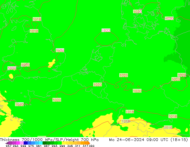 Thck 700-1000 hPa UK-Global Mo 24.06.2024 09 UTC