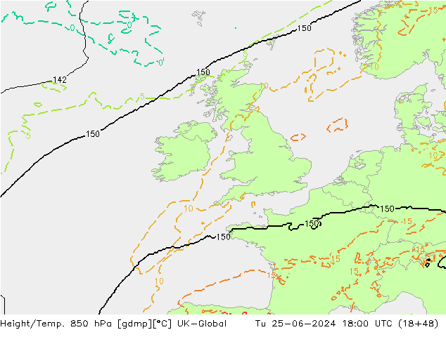 Height/Temp. 850 hPa UK-Global Di 25.06.2024 18 UTC