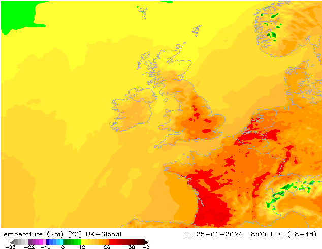 Temperatuurkaart (2m) UK-Global di 25.06.2024 18 UTC