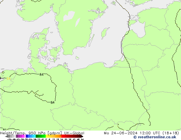 Height/Temp. 950 hPa UK-Global Mo 24.06.2024 12 UTC