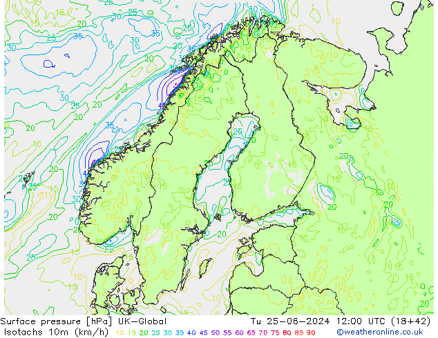 Isotachs (kph) UK-Global Tu 25.06.2024 12 UTC