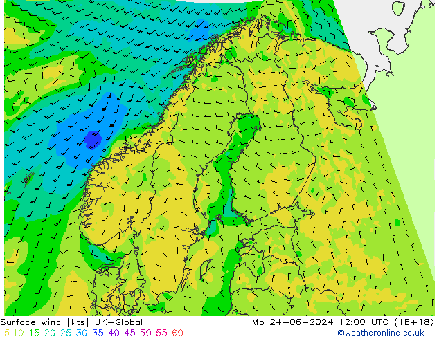 Viento 10 m UK-Global lun 24.06.2024 12 UTC