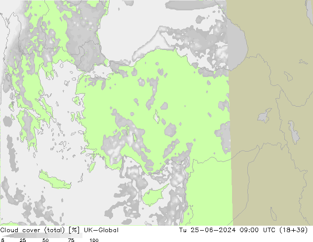 Nubes (total) UK-Global mar 25.06.2024 09 UTC