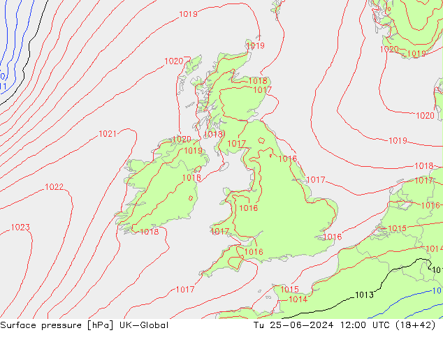 Surface pressure UK-Global Tu 25.06.2024 12 UTC