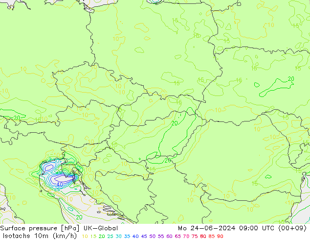 Isotachs (kph) UK-Global lun 24.06.2024 09 UTC