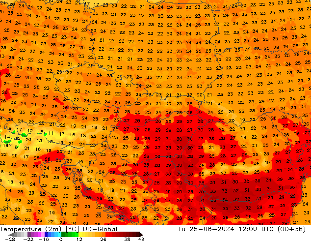 Temperature (2m) UK-Global Tu 25.06.2024 12 UTC