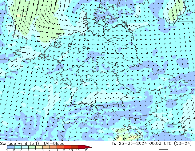 Surface wind (bft) UK-Global Út 25.06.2024 00 UTC