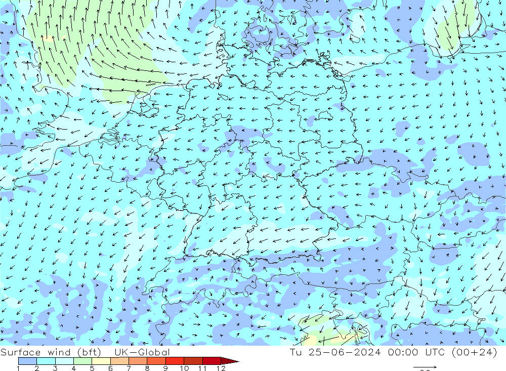 wiatr 10 m (bft) UK-Global wto. 25.06.2024 00 UTC