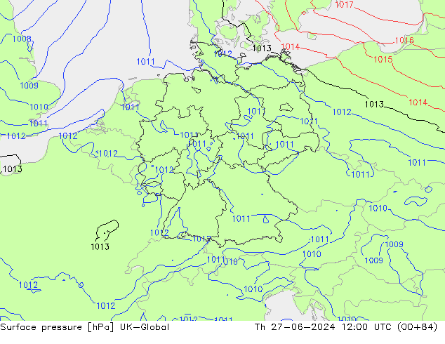 Pressione al suolo UK-Global gio 27.06.2024 12 UTC