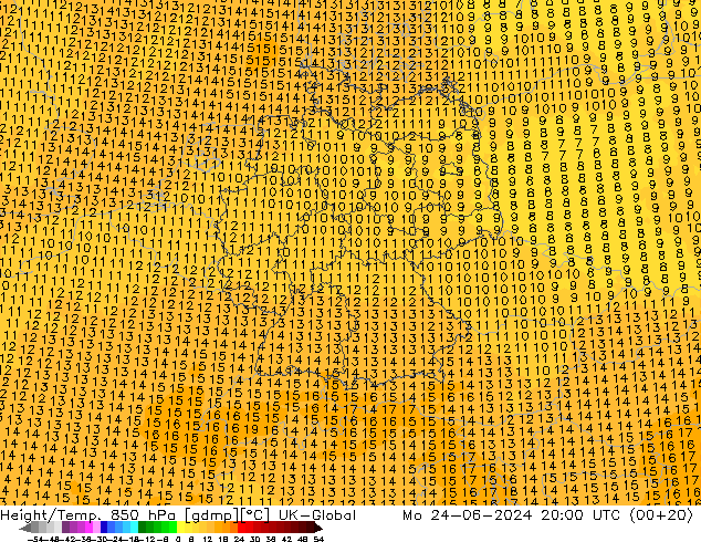 Geop./Temp. 850 hPa UK-Global lun 24.06.2024 20 UTC