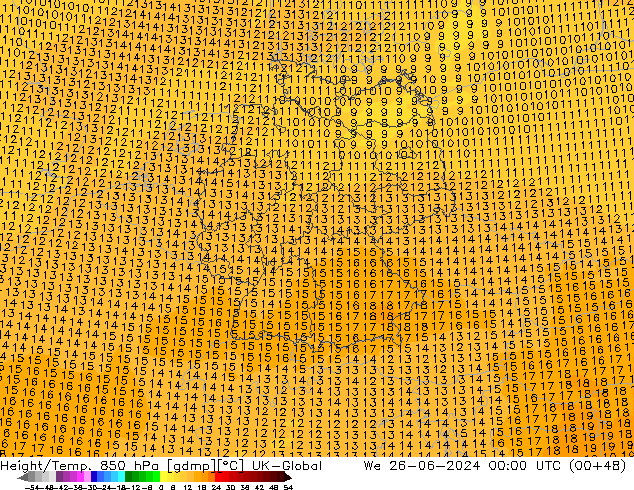 Height/Temp. 850 hPa UK-Global Mi 26.06.2024 00 UTC