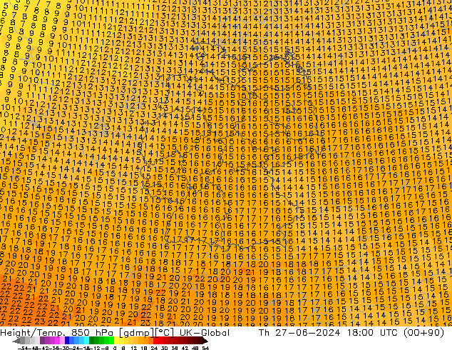 Height/Temp. 850 hPa UK-Global 星期四 27.06.2024 18 UTC