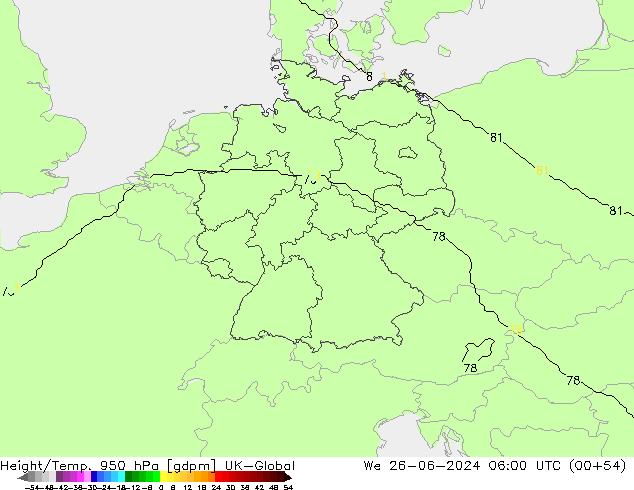 Height/Temp. 950 гПа UK-Global ср 26.06.2024 06 UTC