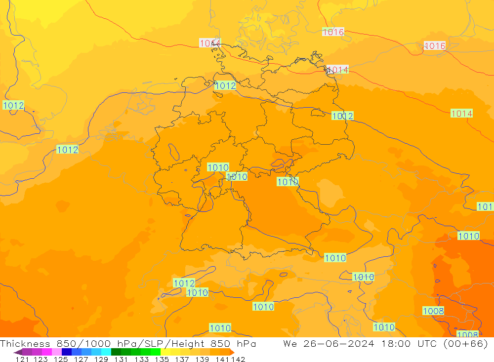 Thck 850-1000 hPa UK-Global śro. 26.06.2024 18 UTC