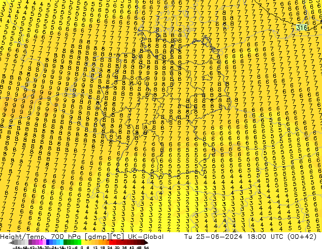 Height/Temp. 700 hPa UK-Global mar 25.06.2024 18 UTC