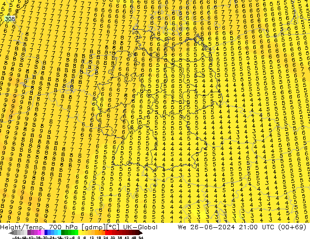 Height/Temp. 700 hPa UK-Global We 26.06.2024 21 UTC