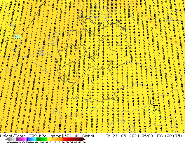 Géop./Temp. 700 hPa UK-Global jeu 27.06.2024 06 UTC