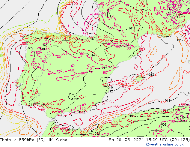 Theta-e 850гПа UK-Global сб 29.06.2024 18 UTC