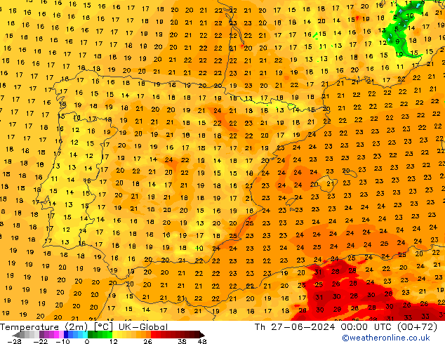 Temperature (2m) UK-Global Th 27.06.2024 00 UTC