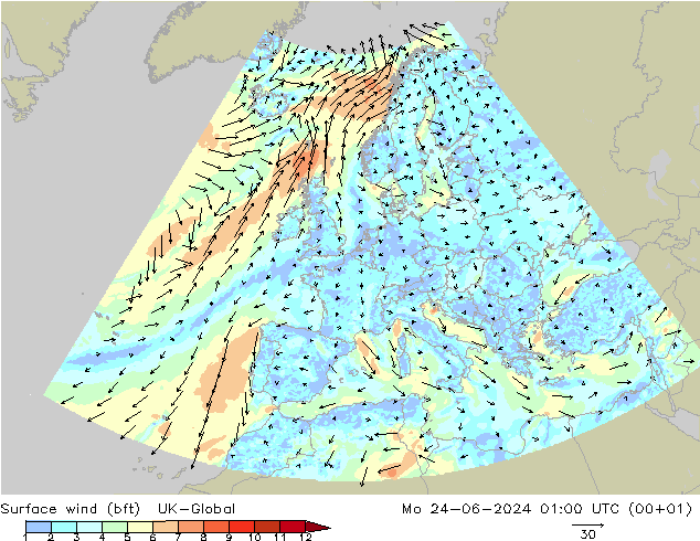 Viento 10 m (bft) UK-Global lun 24.06.2024 01 UTC