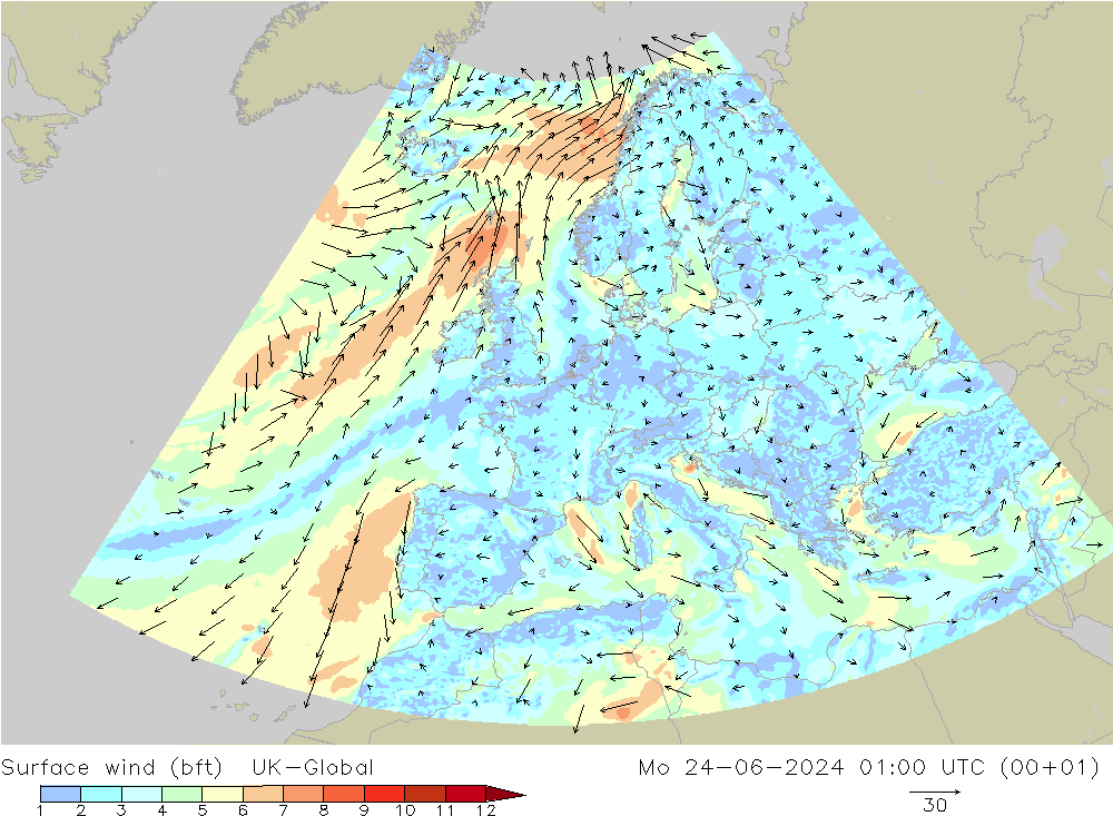 wiatr 10 m (bft) UK-Global pon. 24.06.2024 01 UTC