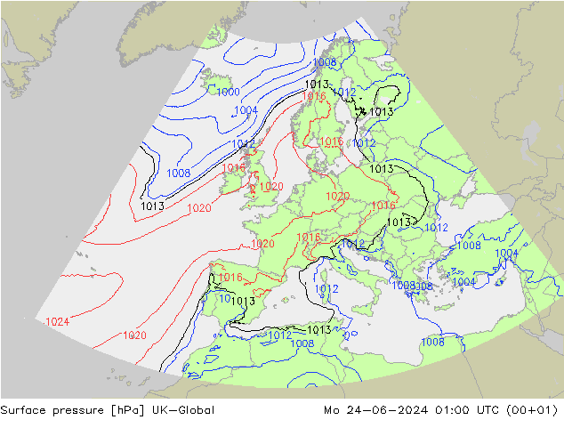 地面气压 UK-Global 星期一 24.06.2024 01 UTC